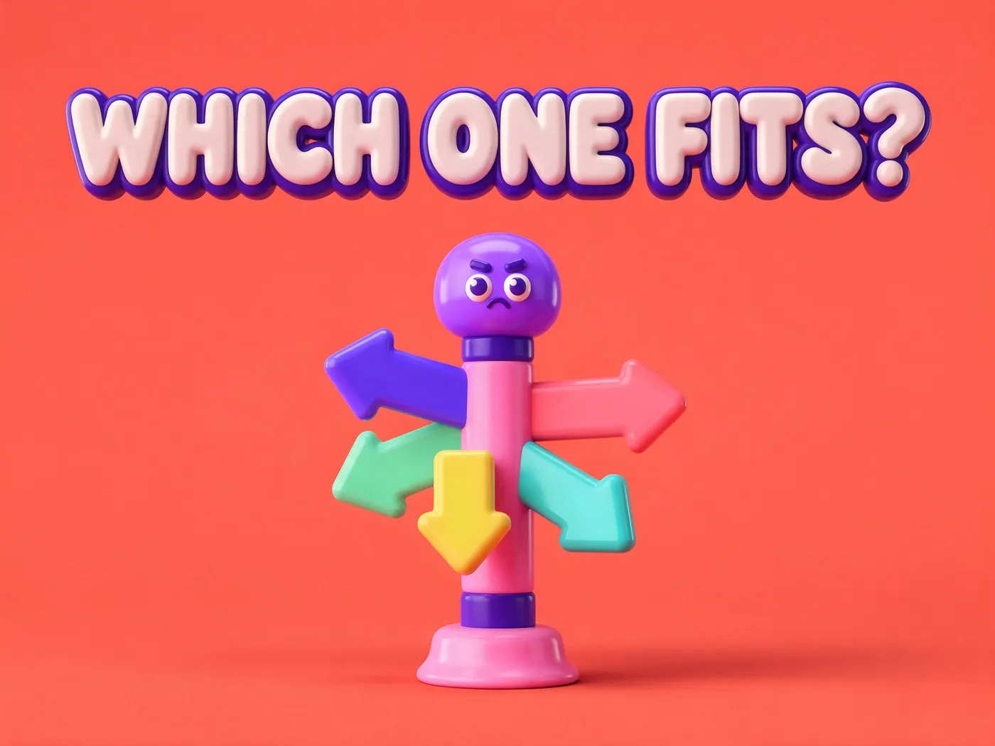 Toy signpost with five colourful arrows pointing different ways, under the words which one fits, for choosing a marketing automation consultant