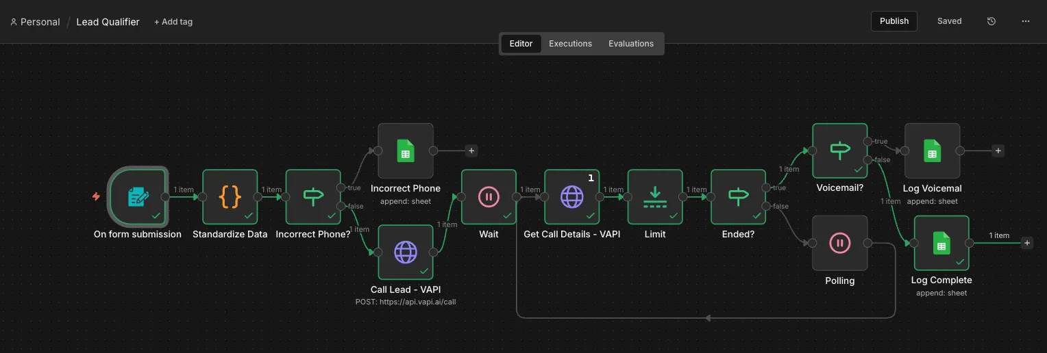 Lead qualification automation workflow built with n8n and VAPI