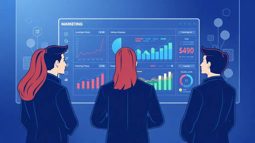 Marketing and sales professionals collaborating while viewing shared pipeline dashboard with revenue metrics