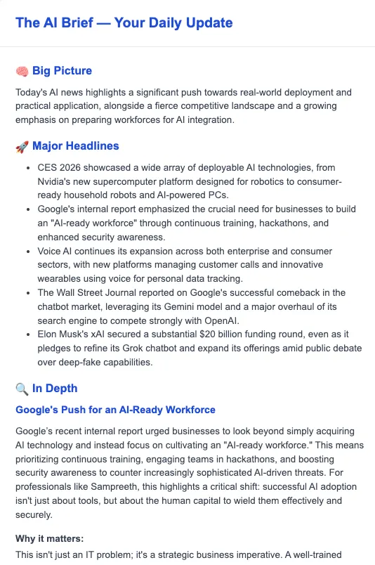 Example of a daily AI brief email summary