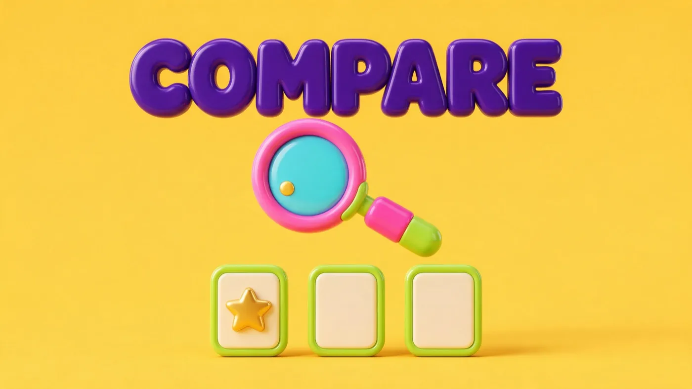 A toy magnifying glass over three blank comparison cards, one with a gold star, showing how a best-of comparison page helps you get cited by ChatGPT