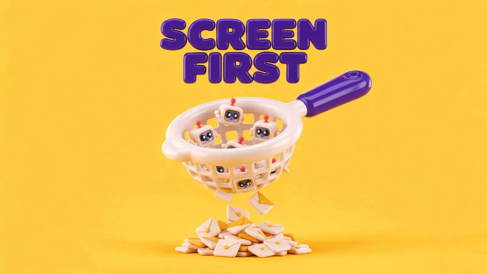 A toy sieve catching little blank robot faces while clean envelopes fall through, showing how to filter fake leads before they reach your CRM