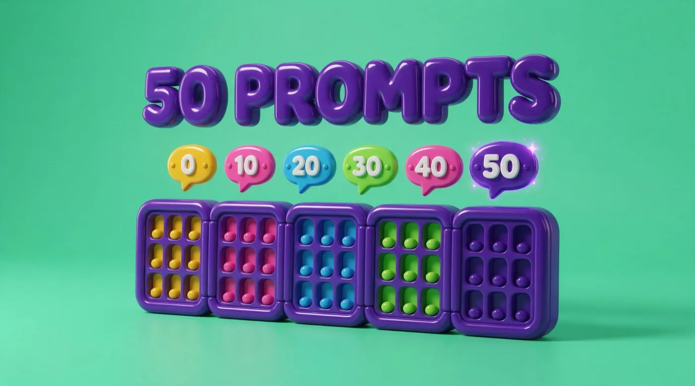 A toy scoreboard of speech bubbles counting 0 to 50, showing how 50 buyer prompts are used to measure share of LLM