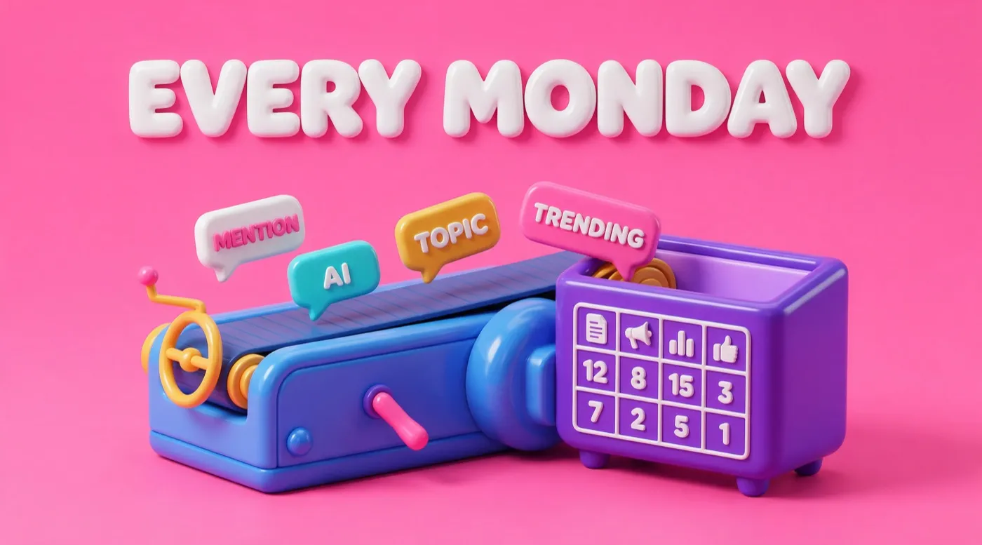 A toy conveyor belt carrying speech bubbles into a numbered tray, showing an automated weekly share of LLM tracker