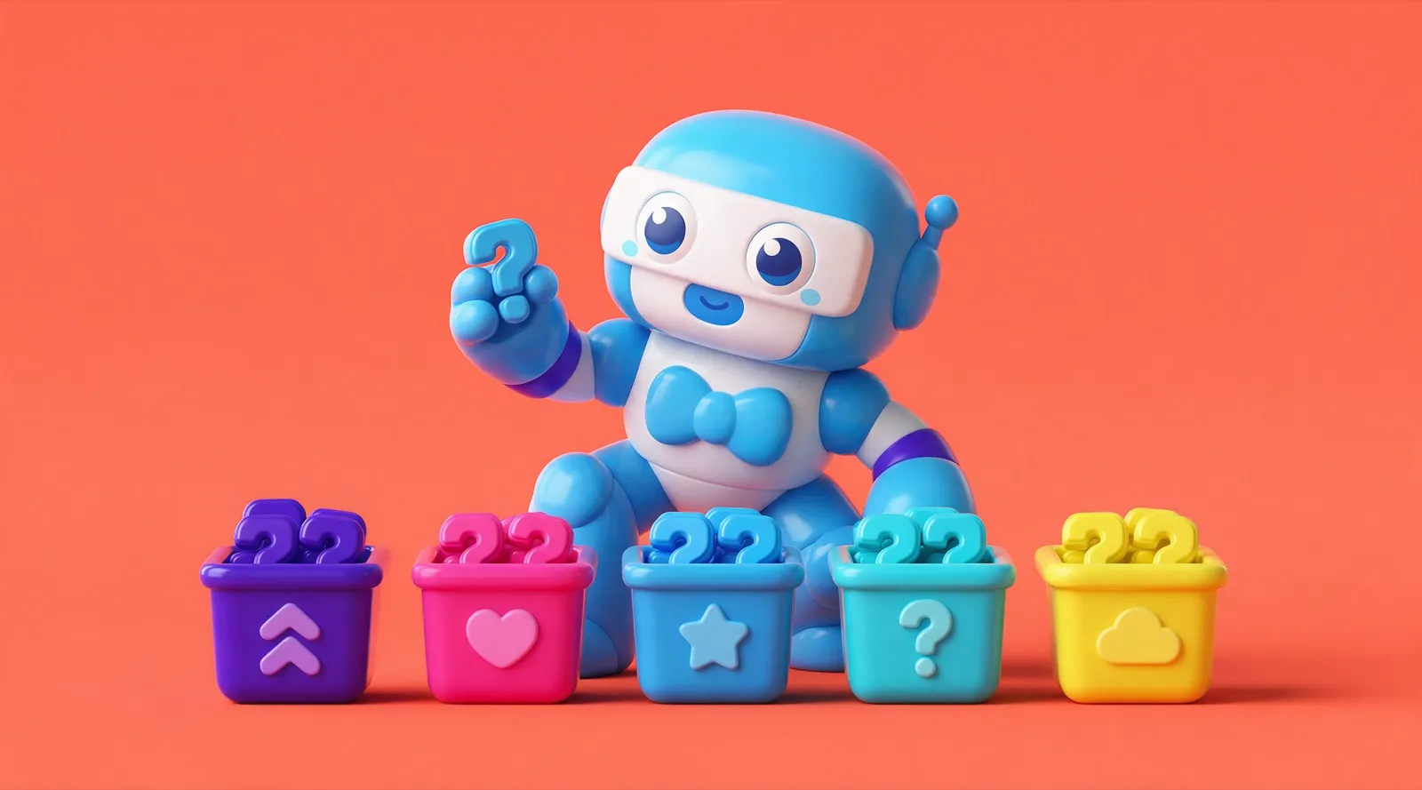 A toy robot sorting question-mark blocks into bins, like structured FAQ answers that help you rank in AI Overviews